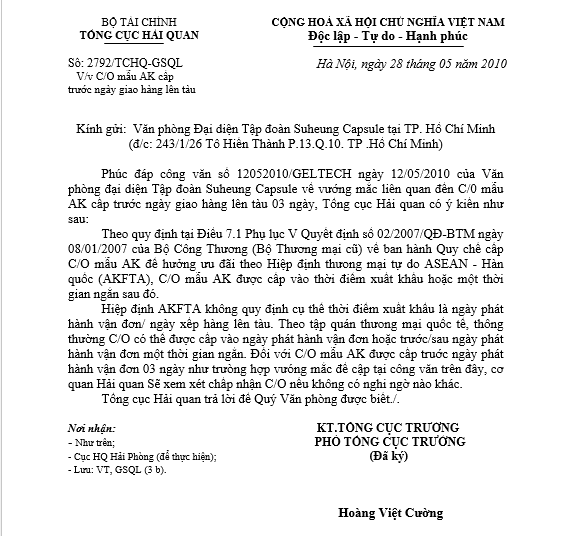 CO cấp trước ngày tàu chạy